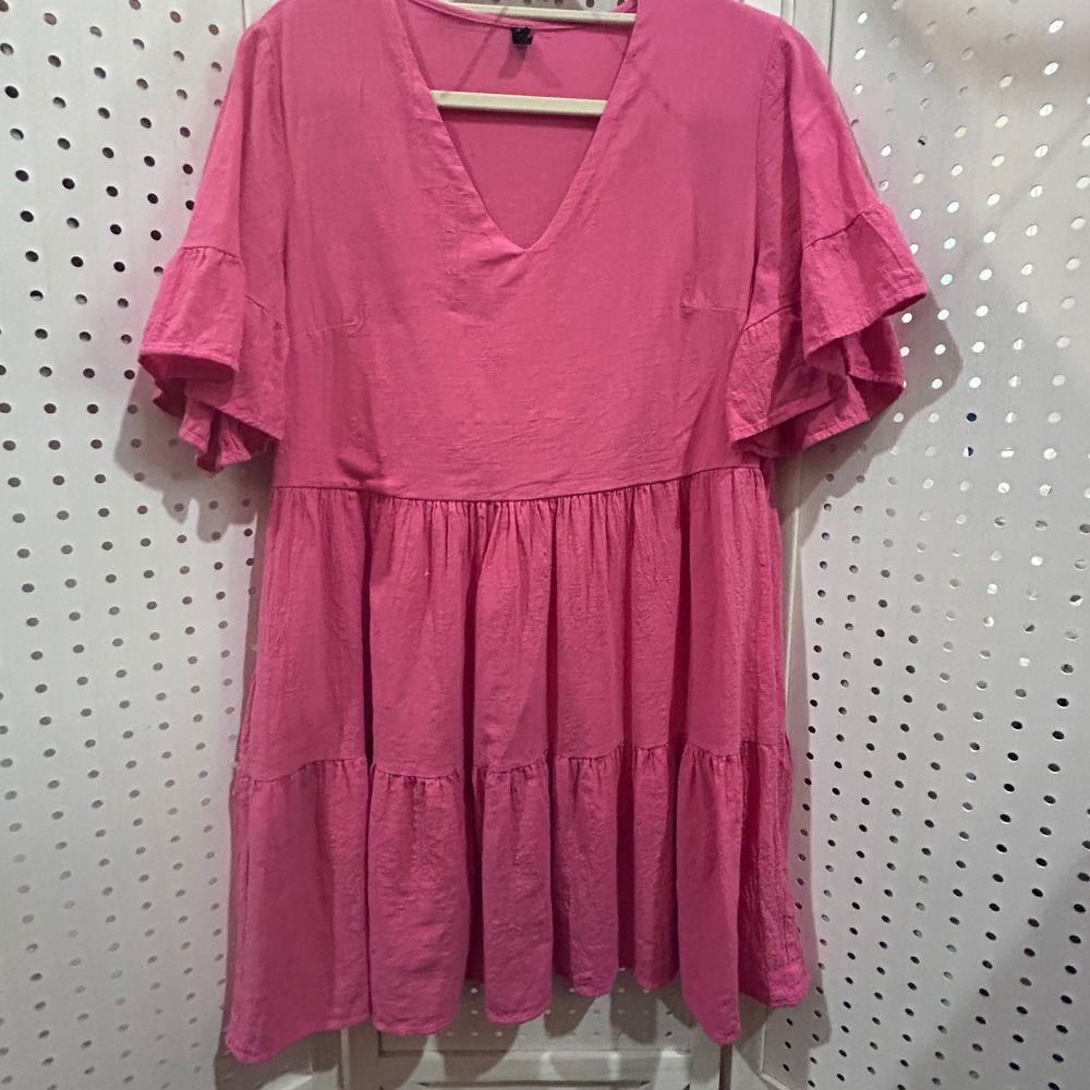 VIVIN Pink Tiered‎ Ruffle Sleeve V Neck Casual Mini Dress Women's Size M